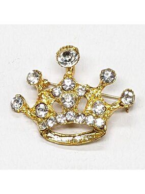 Vintage Clear Rhinestone Crown Pendant Brooch Pin Princess Openwork Gold Tone